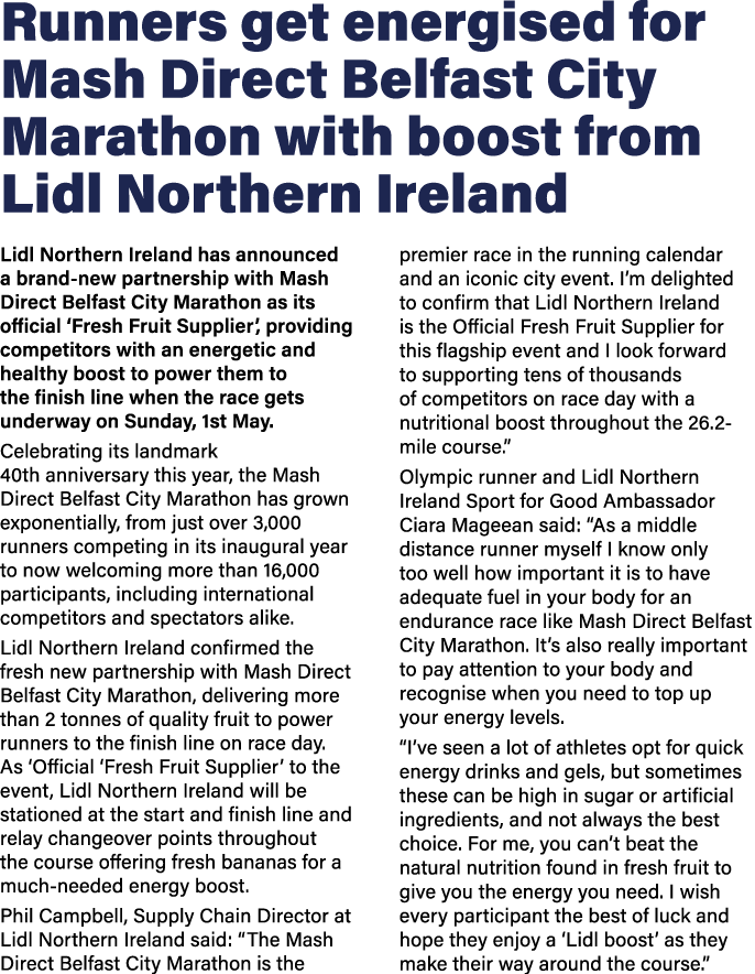 Runners get energised for Mash Direct Belfast City Marathon with boost from Lidl Northern Ireland Lidl Northern Irela   