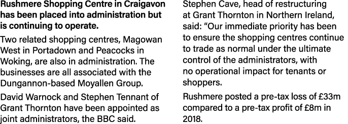 Rushmere Shopping Centre in Craigavon has been placed into administration but is continuing to operate  Two related s   