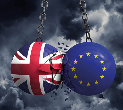 Brexit concept  Union Jack and European union political balls smash into each other  3D Rendering