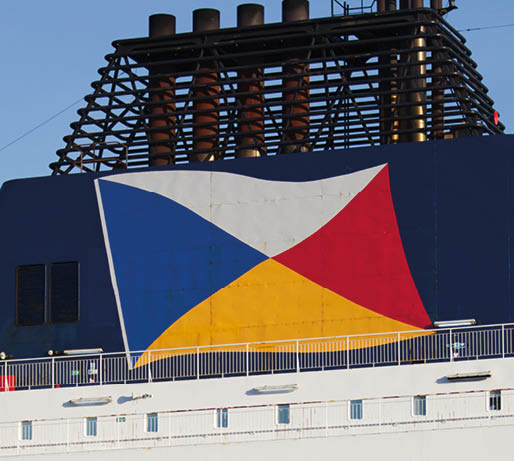 Calais, Pas-De-Calais,France  February 28th 2022  P and O ship with logo and flag moored at Calais 