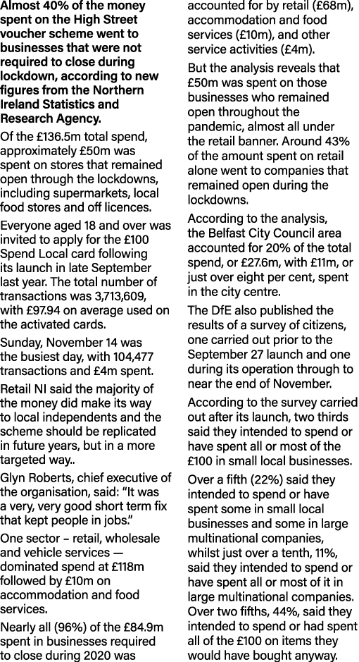 Almost 40% of the money spent on the High Street voucher scheme went to businesses that were not required to close du   