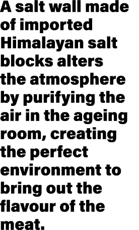 A salt wall made of imported Himalayan salt blocks alters the atmosphere by purifying the air in the ageing room, cre   