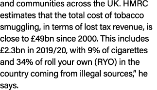 and communities across the UK  HMRC estimates that the total cost of tobacco smuggling, in terms of lost tax revenue,   