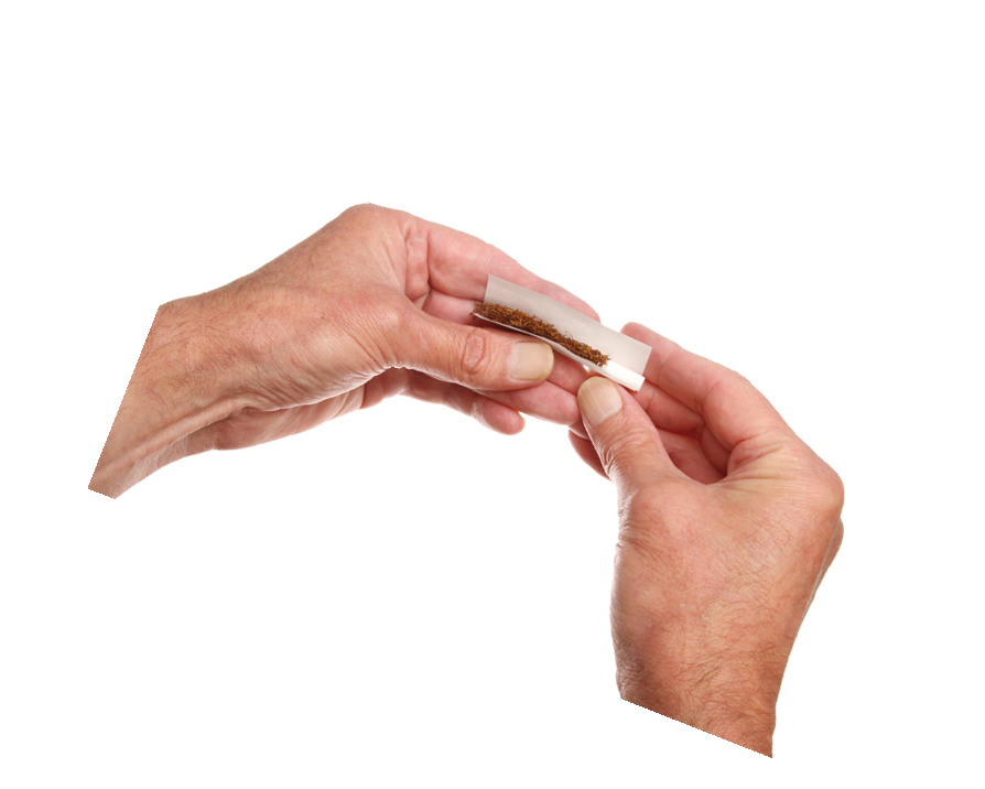 Closeup of a pair of hands rolling a cigarette isolated against white