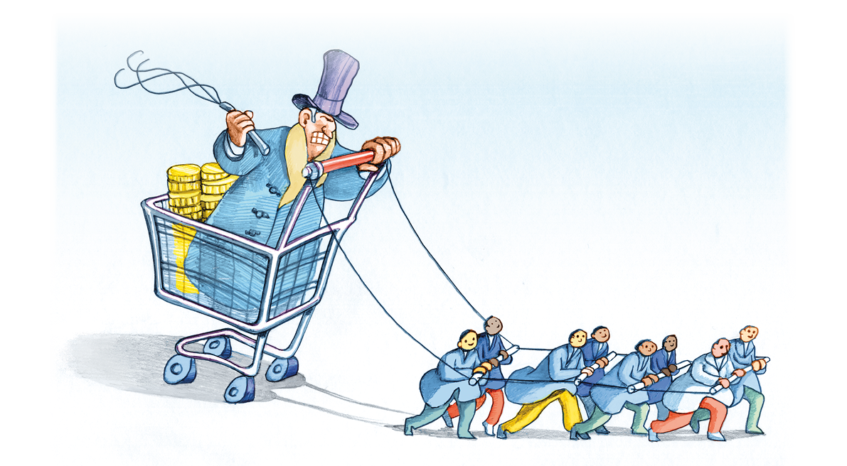 rich banker sitting in a supermarket trolley whips a row of workers to tow him political satire pencil illustration
