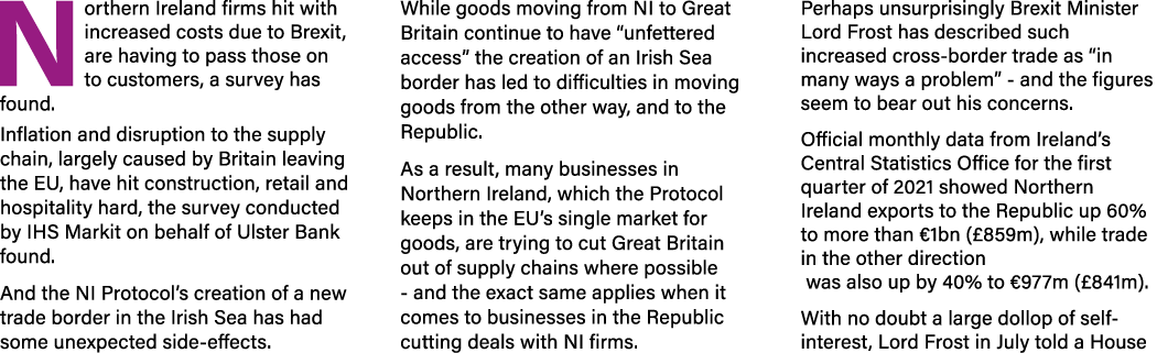 Northern Ireland firms hit with increased costs due to Brexit, are having to pass those on to customers, a survey has   