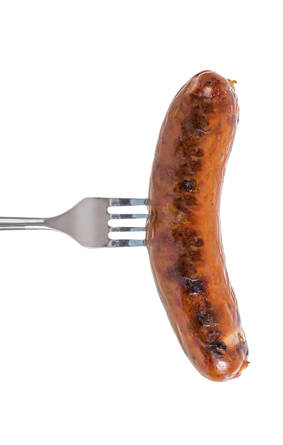 Grilled Sausage on a fork isolated on white background