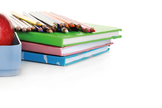 Lunch box and bag with food and stationery on white background