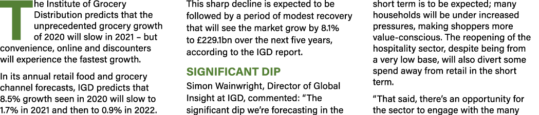 The Institute of Grocery Distribution predicts that the unprecedented grocery growth of 2020 will slow in 2021   but    