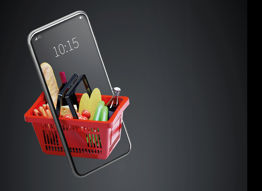 Service for delivery app  Food market in smartphone  Online shop  Food delivery background concept  Online shop in your smartphone  Shopping cart 