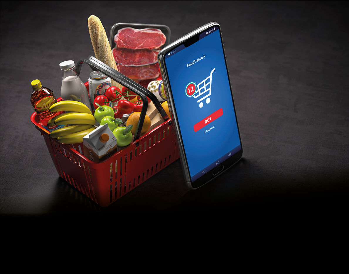 Shopping basket with fresh food and smartphone or mobile  Grocery supermarket, food and eats online buying and delivery concept  3d illustration