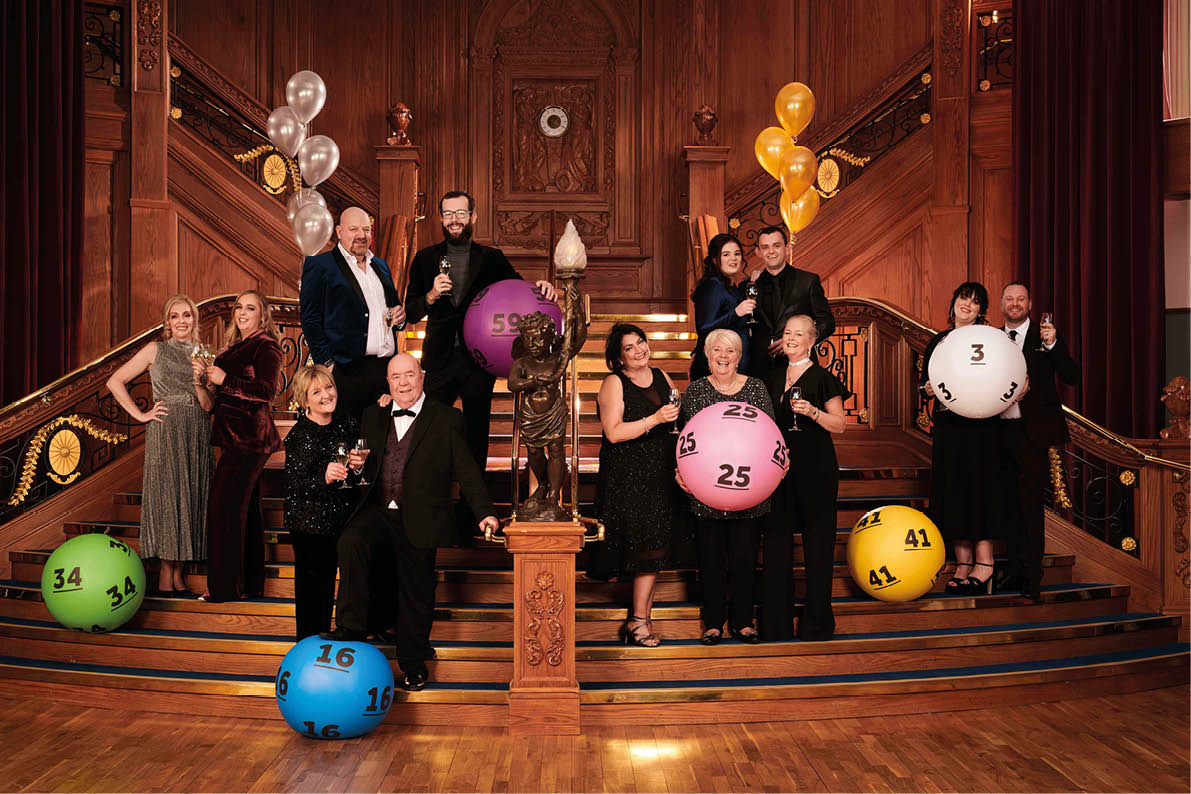 HAPPY BIRTHDAY NATIONAL LOTTERY  A group of lucky winners from Northern Ireland gathered this week to celebrate the 25th birthday of The National Lottery  The first-ever National Lottery draw was held on 19 November 1994 and to celebrate 25 life-changing years, during which time an amazing 133 lottery millionaires have been created in Northern Ireland, local publicity winners gathered at the part lottery-funded Titanic Belfast where they posed for a celebratory photo on the famous Titanic Staircase  Celebrating in style are (l-r) Anne Canavan ( 1M, September 2015) and daughter Cressida, Eithne and Colin Bell ( 1M, June 2017), Stephen Inglis ( 35K, August 2016) and son Ian, Mary Hamilton (( 12 9M, November 2014) with nieces Antoinette and Kathy, Claire Marks ( 250K, February 2015) and husband Clifford, and Stephanie Harkin ( 100K, December 2015) with husband Kieran      