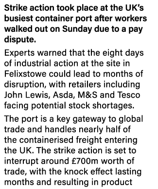 Strike action took place at the UK s busiest container port after workers walked out on Sunday due to a pay dispute     