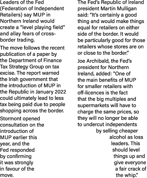 Leaders of the Fed (Federation of Independent Retailers) say MUP in Northern Ireland would create a  level playing fi   