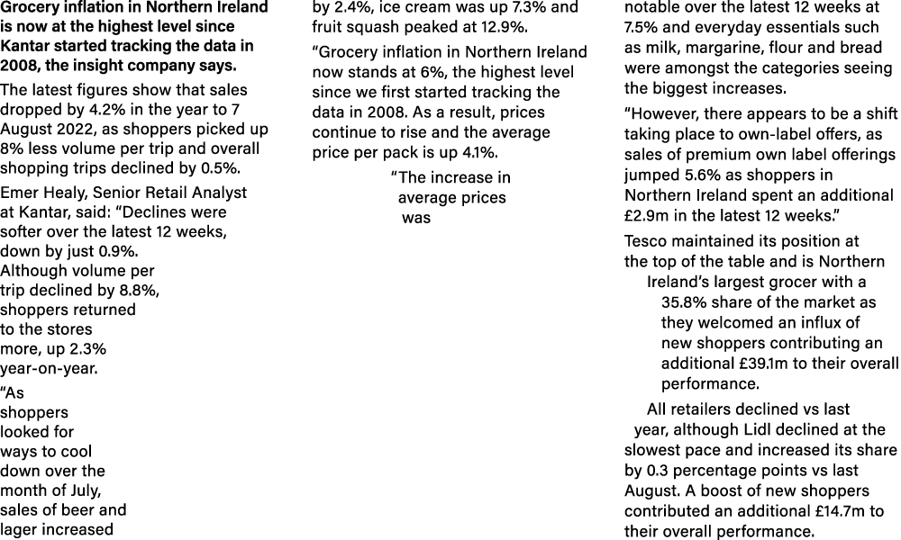 Grocery inflation in Northern Ireland is now at the highest level since Kantar started tracking the data in 2008, the   