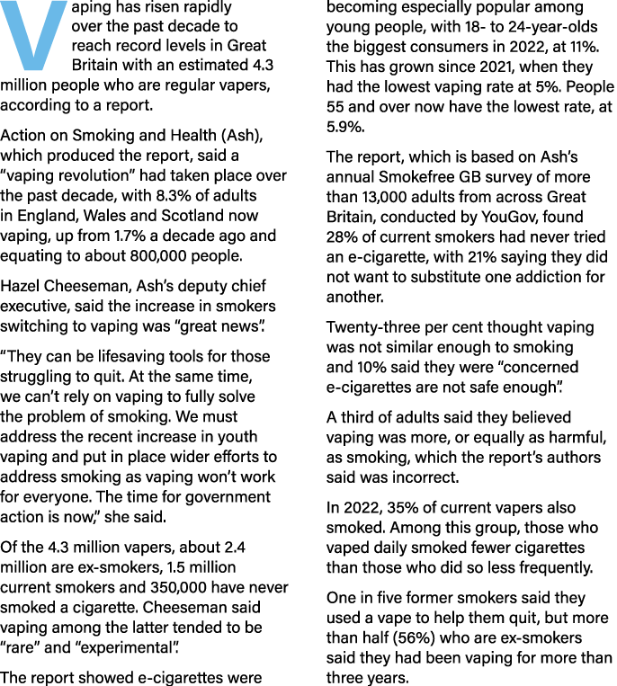 V aping has risen rapidly over the past decade to reach record levels in Great Britain with an estimated 4 3 million    