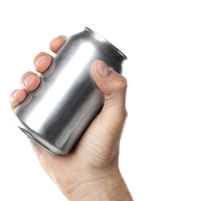 Young man holding aluminum can against white background