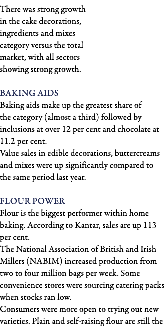 There was strong growth in the cake decorations, ingredients and mixes category versus the total market, with all sec   