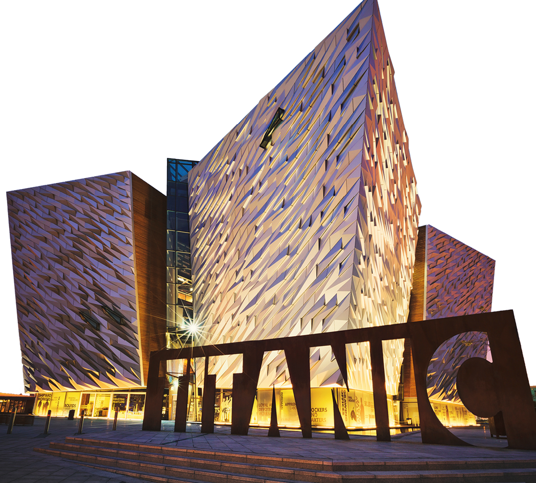 BELFAST, NORTHERN IRELAND - JUNE 28, 2017: Sunset over Titanic Belfast - museum, touristic attraction and monument to Belfast's maritime heritage on the site of the former Harland and Wolff shipyard 