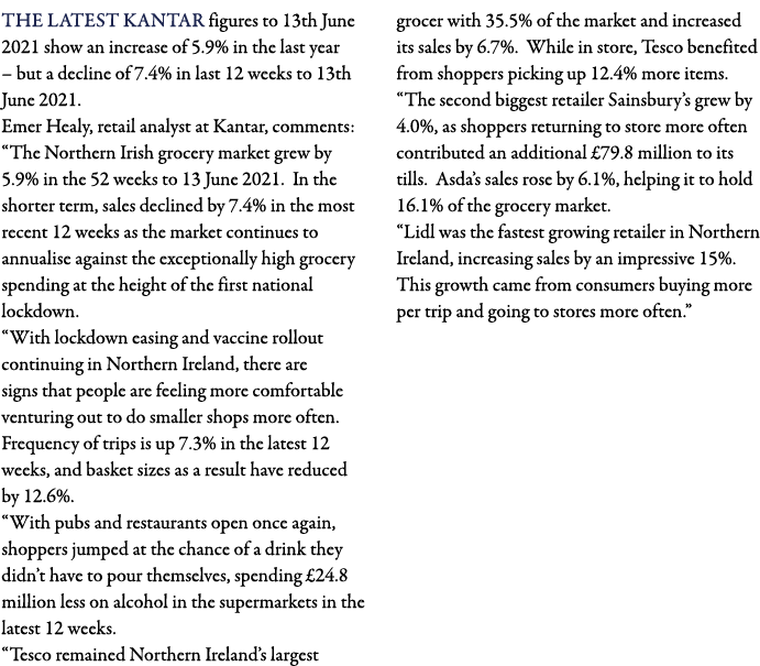 The latest Kantar figures to 13th June 2021 show an increase of 5 9% in the last year   but a decline of 7 4% in last   