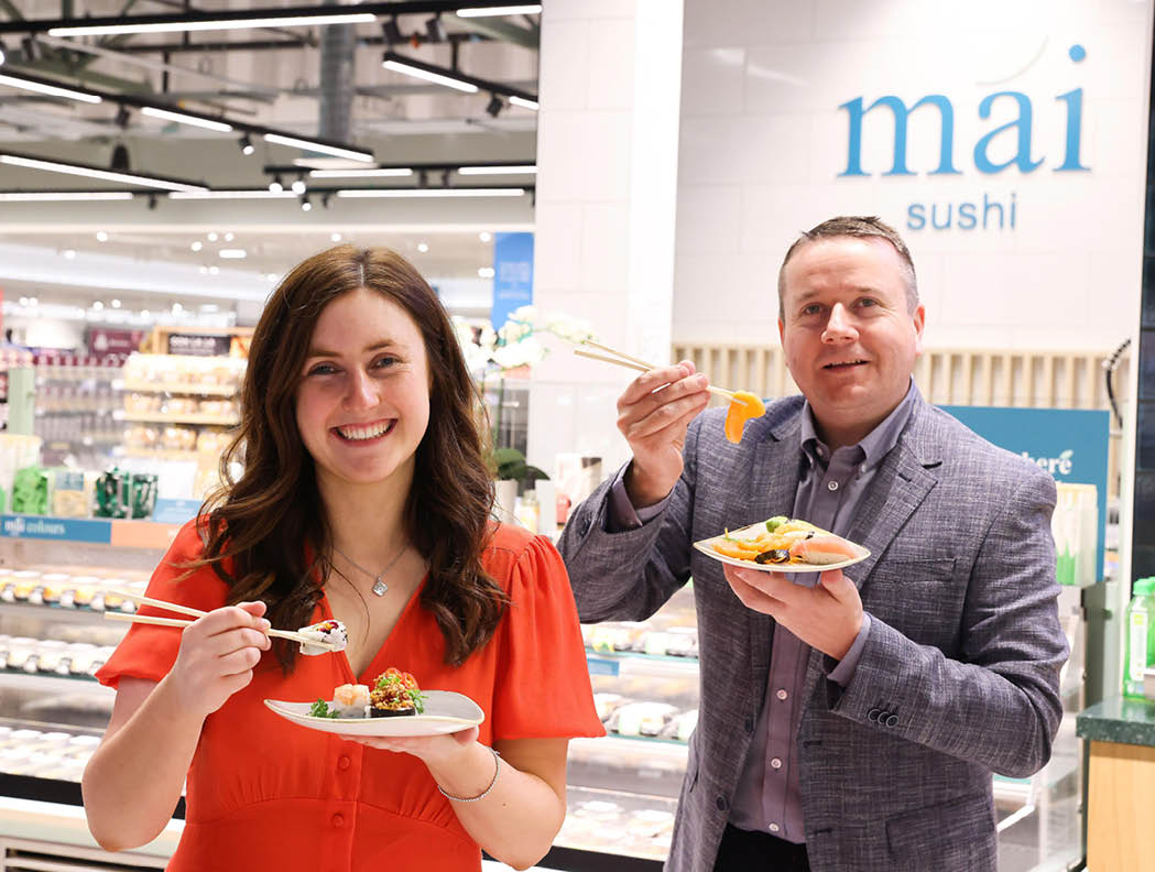 Marks & Spencer has unveiled its transformed Lisburn Foodhall at Sprucefield Shopping Complex, showcasing a brand-new look and shopping experience for customers    Bringing 30 jobs to the local area, M&S Lisburn is only the second store in Northern Ireland to receive this comprehensive renewal programme, with the addition of new and exciting in-store features   The new look store is easier to shop with lots of amazing features including a brand new Mai Sushi counter with freshly prepared sashimi and sushi  Pictured taste testing some of the sushi is JP McShane, M&S Lisburn Store Manager and Lynsey Weir, Store Liaison Manager 