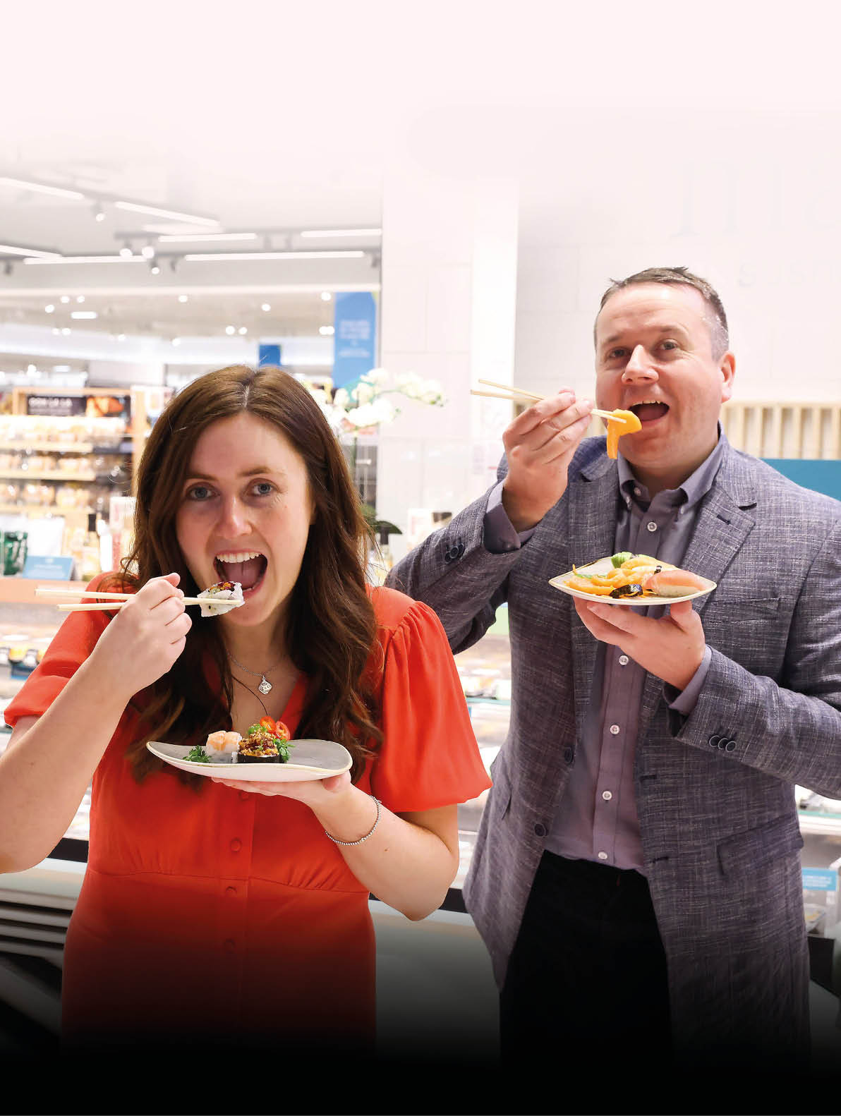 Marks & Spencer has unveiled its transformed Lisburn Foodhall at Sprucefield Shopping Complex, showcasing a brand-new look and shopping experience for customers    Bringing 30 jobs to the local area, M&S Lisburn is only the second store in Northern Ireland to receive this comprehensive renewal programme, with the addition of new and exciting in-store features   The new look store is easier to shop with lots of amazing features including a brand new Mai Sushi counter with freshly prepared sashimi and sushi  Pictured taste testing some of the sushi is JP McShane, M&S Lisburn Store Manager and Lynsey Weir, Store Liaison Manager 