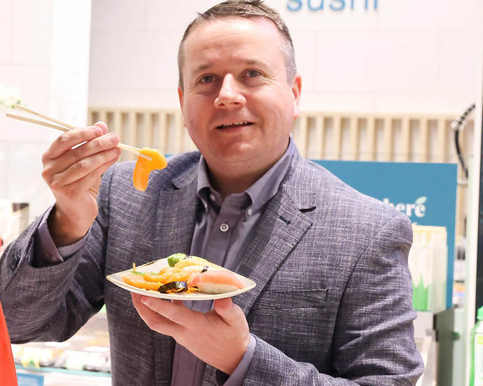 Marks & Spencer has unveiled its transformed Lisburn Foodhall at Sprucefield Shopping Complex, showcasing a brand-new look and shopping experience for customers    Bringing 30 jobs to the local area, M&S Lisburn is only the second store in Northern Ireland to receive this comprehensive renewal programme, with the addition of new and exciting in-store features   The new look store is easier to shop with lots of amazing features including a brand new Mai Sushi counter with freshly prepared sashimi and sushi  Pictured taste testing some of the sushi is JP McShane, M&S Lisburn Store Manager and Lynsey Weir, Store Liaison Manager 