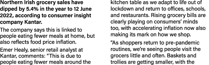 Northern Irish grocery sales have dipped by 5 4% in the year to 12 June 2022, according to consumer insight company K   