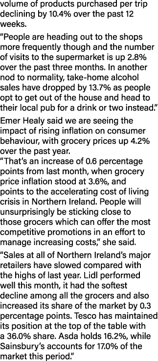 volume of products purchased per trip declining by 10 4% over the past 12 weeks   People are heading out to the shops   