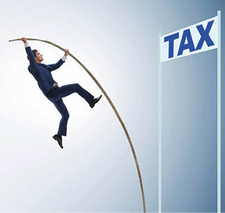 Businessman jumping over tax in tax evasion avoidance concept