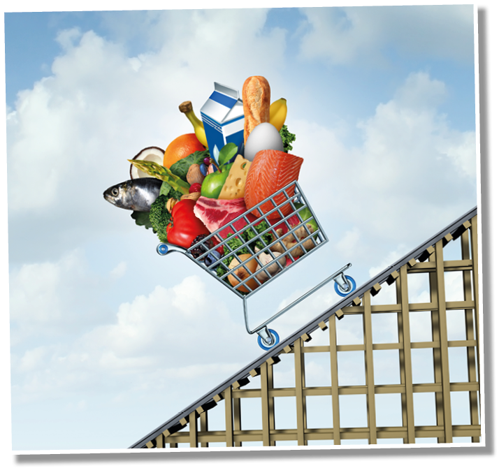 Food price increase and grocery bill rise with groceries going up as a shopping cart as an economic symbol for grocery budget hike with milk bread eggs and vegetables with 3D illustration elements 