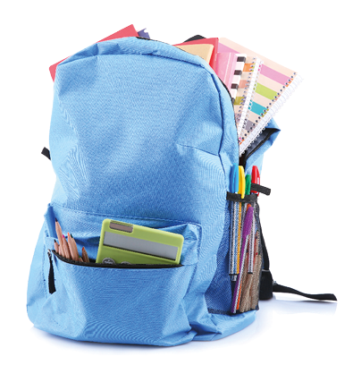 Backpack with school supplies, isolated on white