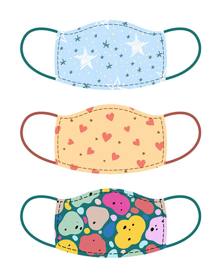 Medical mask  Cartoon respirators with kids prints  Isolated fashionable medical face accessories set  Coronavirus pandemic prevention  Quarantine safety  Vector protective clothes