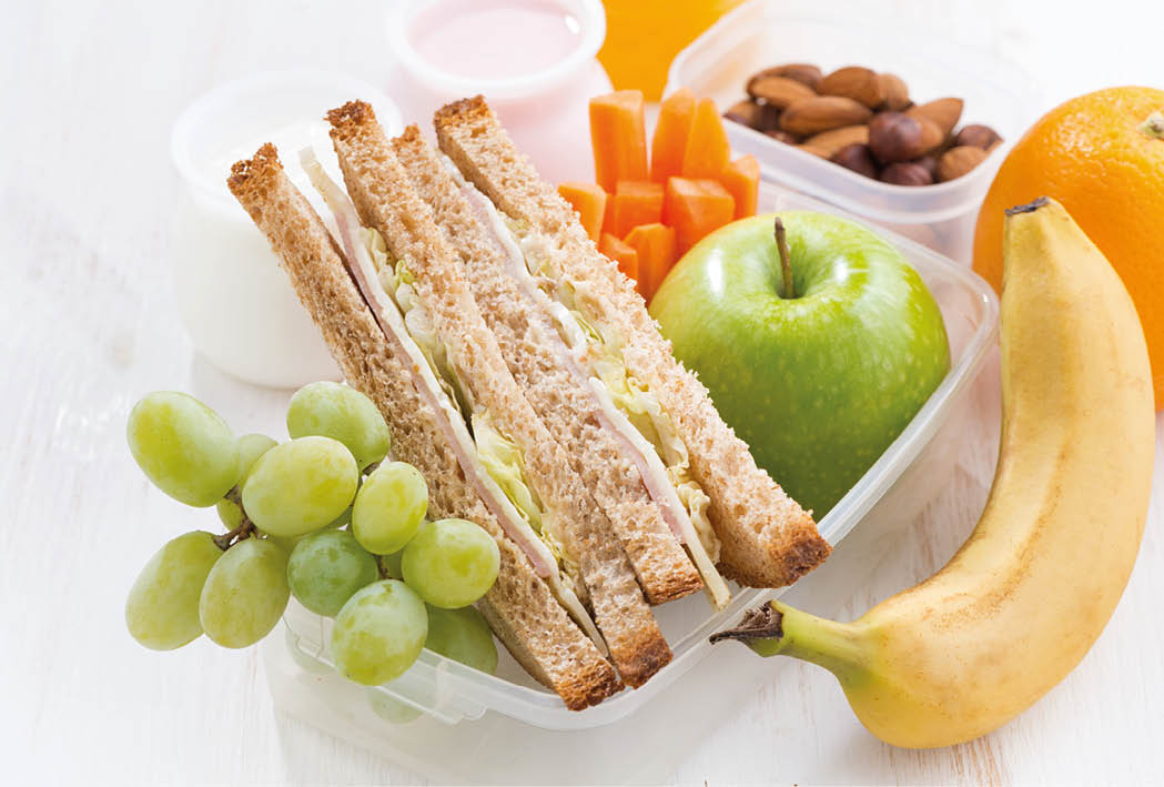 school lunch with sandwiches and fruit, close-up, horizontal