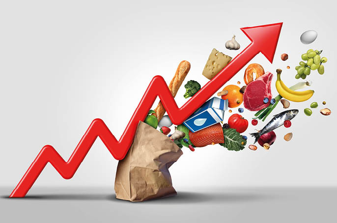 Rising food cost and grocery prices surging costs of supermarket groceries as an inflation financial crisis concept hit by as a finance graph arrow with 3D render elements 