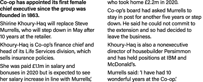 Co-op has appointed its first female chief executive since the group was founded in 1863  Shirine Khoury-Haq will rep   