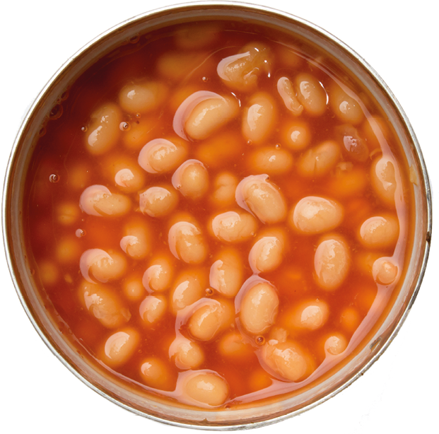 Open can of baked beans isolated on white