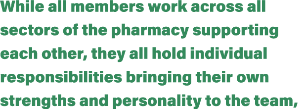 While all members work across all sectors of the pharmacy supporting each other, they all hold individual responsibil   