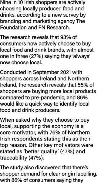 Nine in 10 Irish shoppers are actively choosing locally produced food and drinks, according to a new survey by brandi   