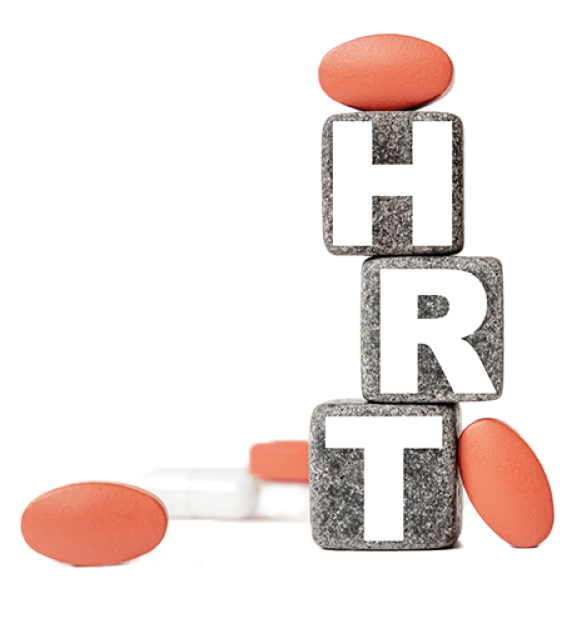 a group of white and red pills and cubes with the word HRT Hormone replacement or hormone replacement therapy on them, white background  Concept carehealth, treatment, therapy 