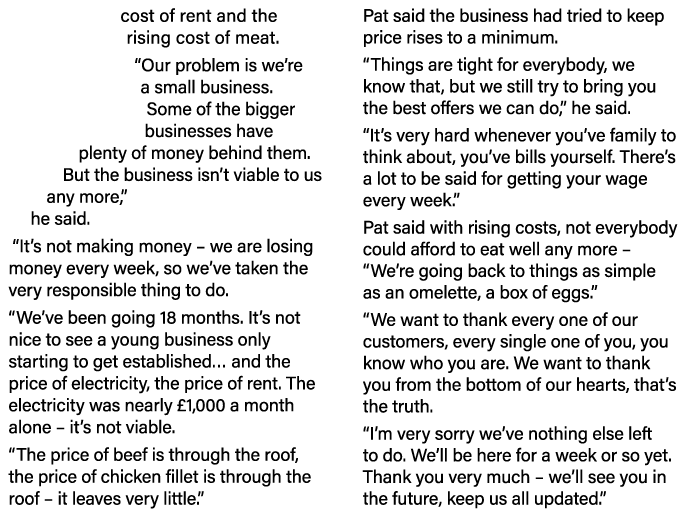cost of rent and the rising cost of meat   Our problem is we re a small business  Some of the bigger businesses have    