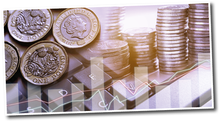 Double exposure of graph and row of coins and new pound couins for finance and banking concept