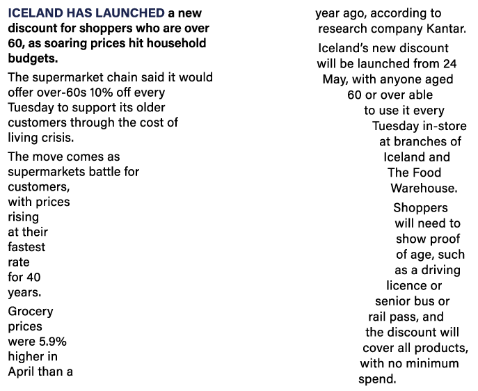 Iceland has launched a new discount for shoppers who are over 60, as soaring prices hit household budgets  The superm   