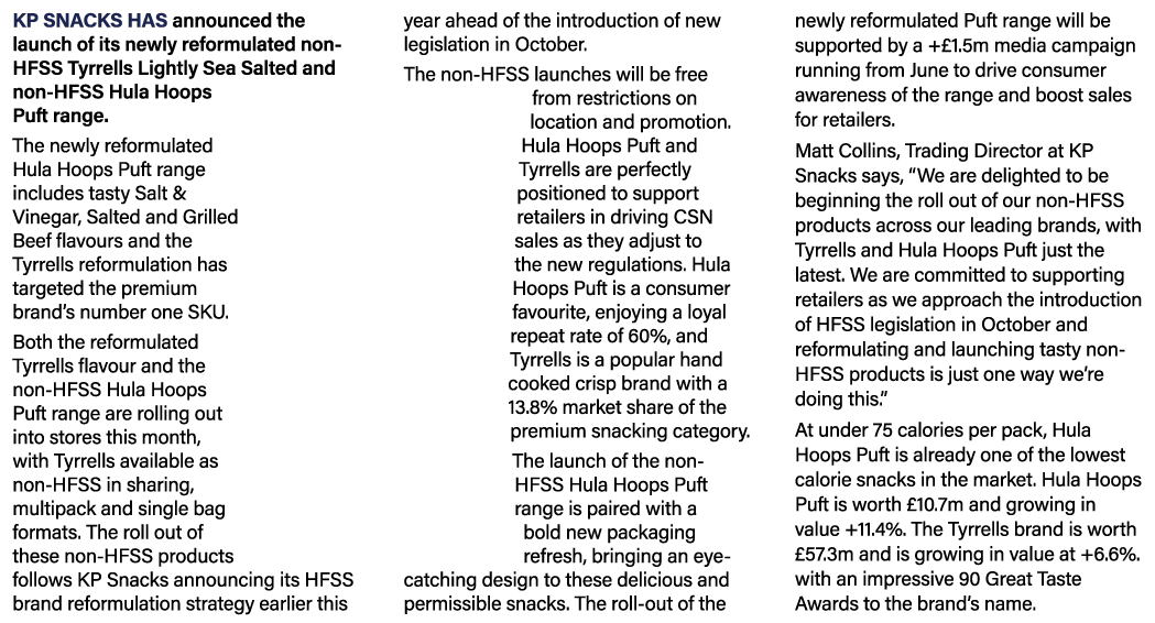 KP Snacks has announced the launch of its newly reformulated non-HFSS Tyrrells Lightly Sea Salted and non-HFSS Hula H   