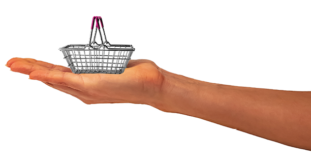 Empty shopping basket, made of chromed metal wire with a crimson rubber handle,  on woman's hand on a white background  Isolate  Side view  Black Friday sales