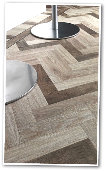 PVC flooring in herringbone motif
