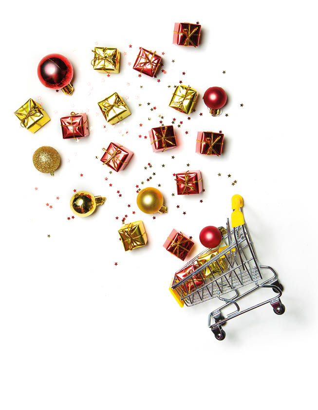 cart with new year and christmas gifts  christmas layout on white background