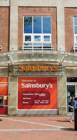 Reading, United Kingdom - May 09 2018:   The frontage of Sainsburys supermarket in Broad street