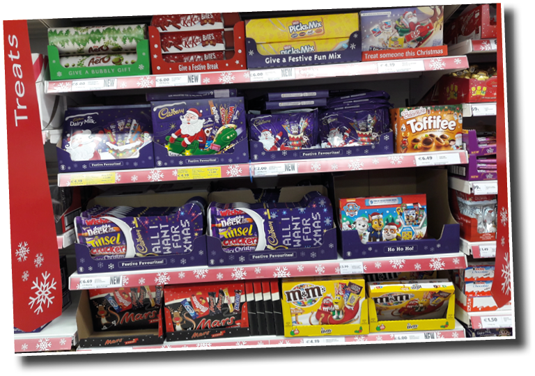 Limerick, Ireland - Nov 8th, 2017: Famous Christmas tradition in Ireland and the UK, giving Christmas chocolate selection boxes  Selection of chocolates and chocolate candy sweets on shelves in store