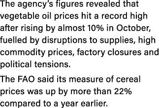 The agency s figures revealed that vegetable oil prices hit a record high after rising by almost 10% in October, fuel   